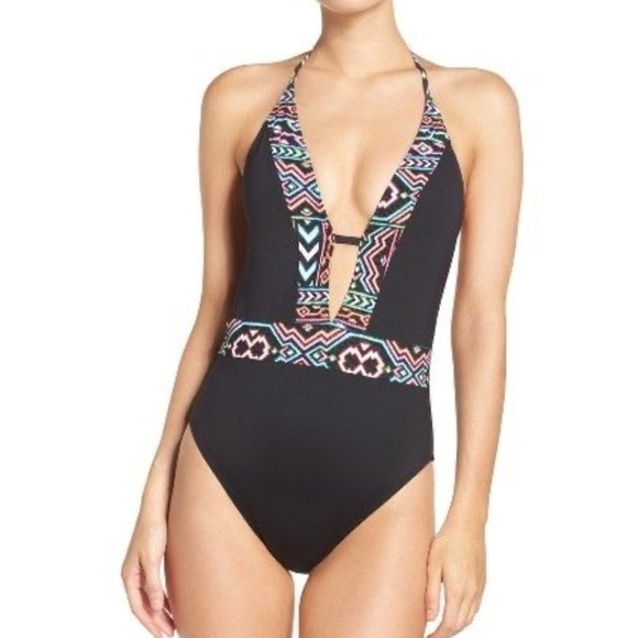La Blanca Azteca Black Plunge Halter One Piece deep v neck swimsuit 8 - Picture 1 of 8